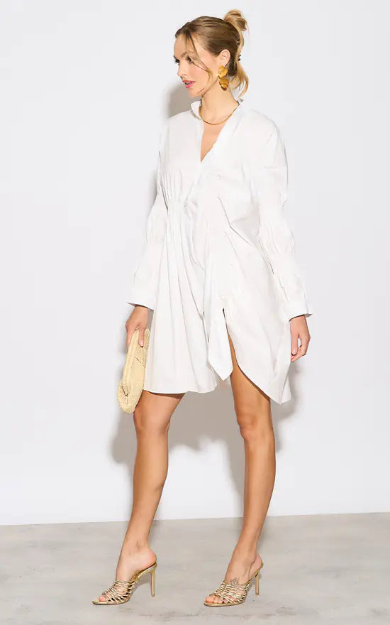 Asymmetry With Elasticated Design Cotton Blend Shirt Dress In White