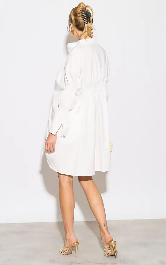 Asymmetry With Elasticated Design Cotton Blend Shirt Dress In White