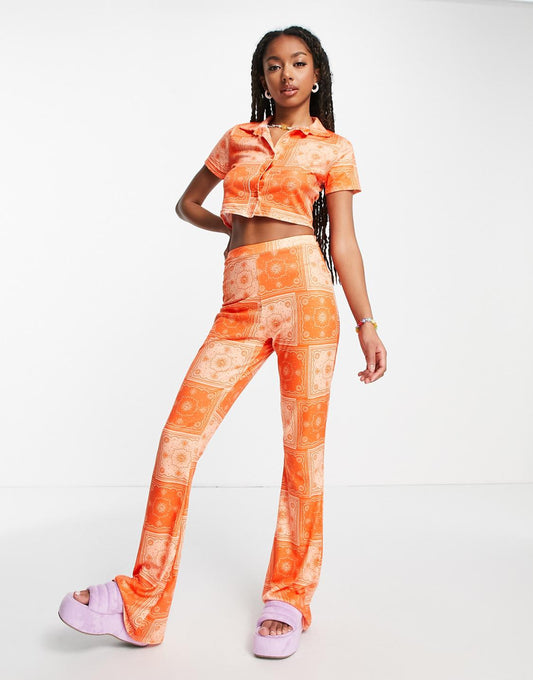 High Waisted Flare Trousers in Orange Bandana co-ord