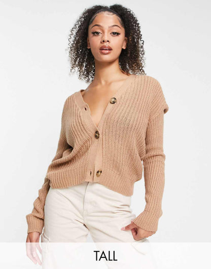 Tall daisy fisherman knit cardigan in tan-Brown