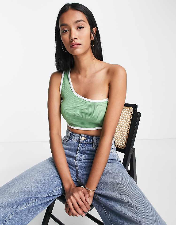 Contrast Binding One Shoulder Top In Green