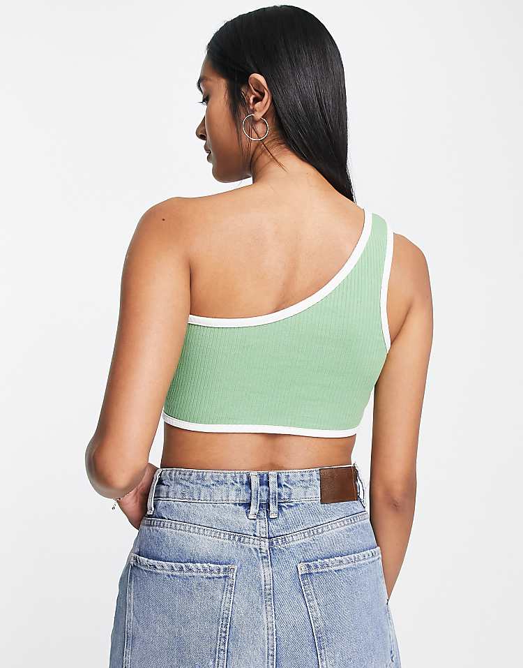 Contrast Binding One Shoulder Top In Green
