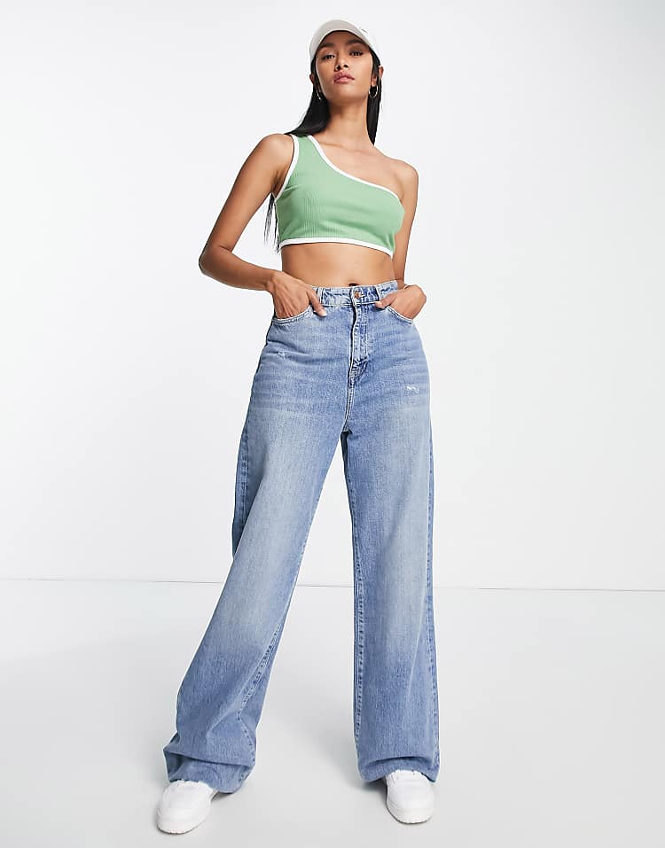 Contrast Binding One Shoulder Top In Green