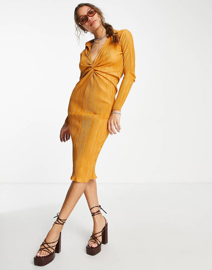 Plisse Wrap Front Long Sleeve Midi Dress in Camel