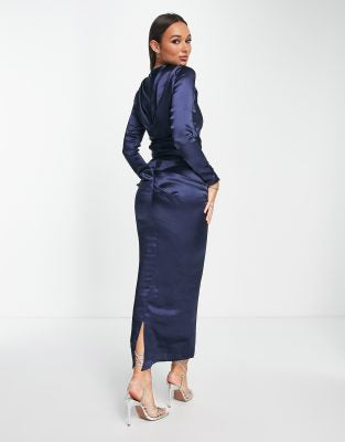 Satin high drape neck maxi dress with long sleeves in navy