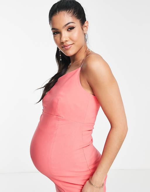 Bengaline Maternity Strappy Front Spilt Midi bodycon dress in pink