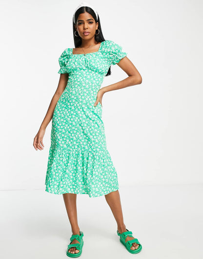 Corset Detail Midi Dress in Green Floral Print