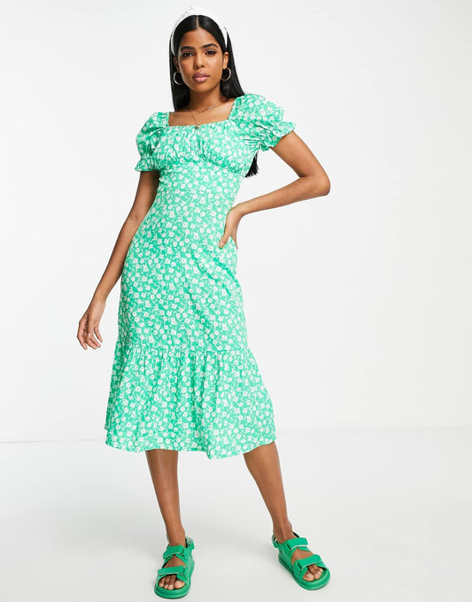 Corset Detail Midi Dress in Green Floral Print