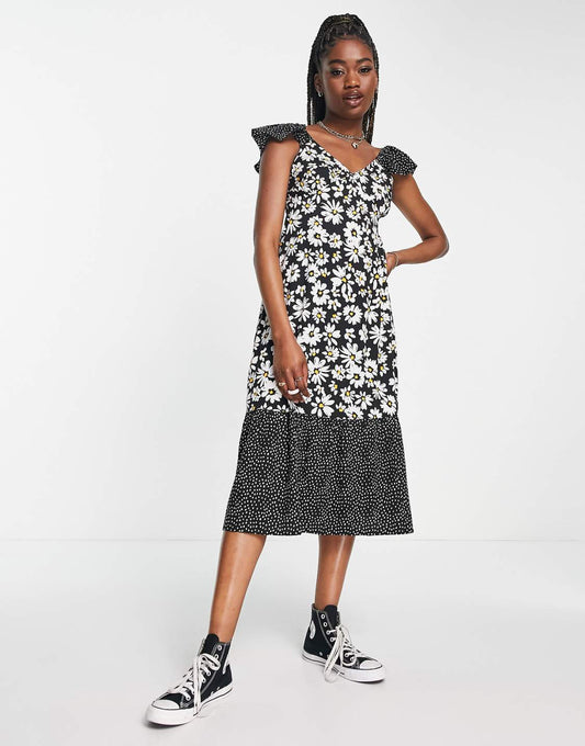 Short Frill Sleeve Midi Dress in Daisy Polka Mix Print