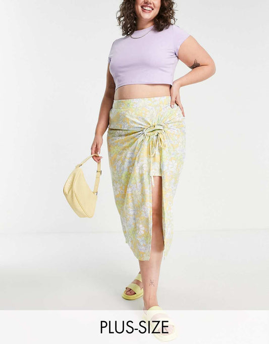 Linen Wrap Midi Skirt in Yellow Floral
