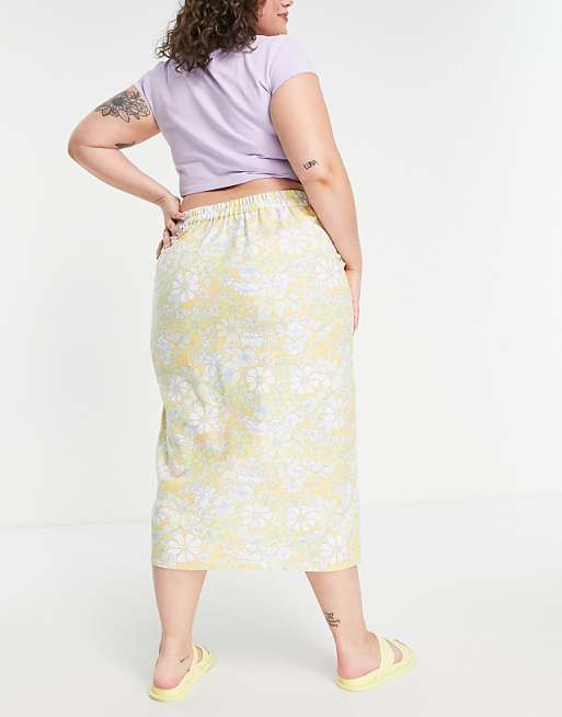 Linen Wrap Midi Skirt in Yellow Floral