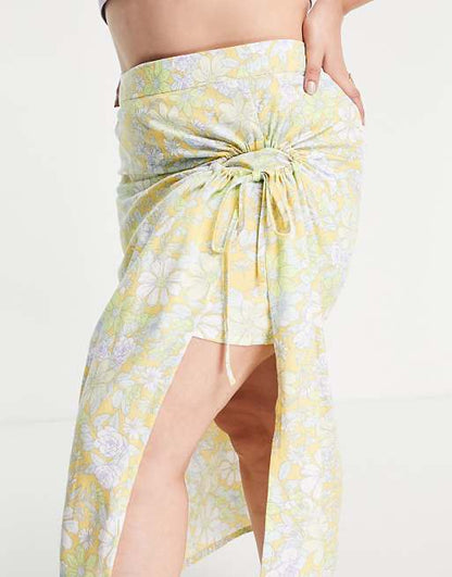 Linen Wrap Midi Skirt in Yellow Floral