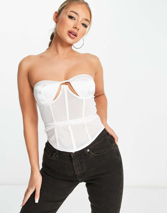 Mesh Satin Corset in White