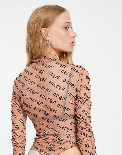 ASOS DESIGN Angel Energy Flocked Bodysuit in Camel