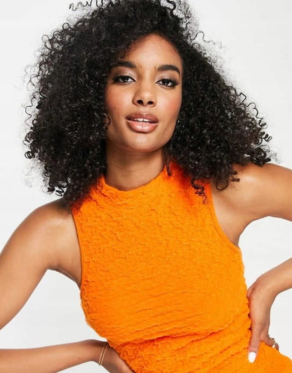 Topshop Textured High Neck Racer Tank in Orange