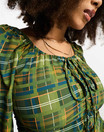 Glamorous ruched front puff sleeve blouse in green check