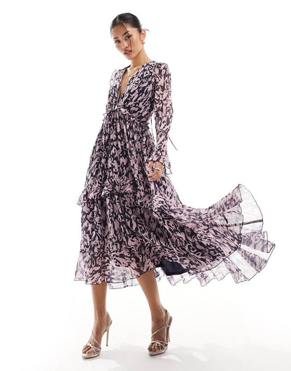 Stye Cheat ruffle detail maxi dress in purple print