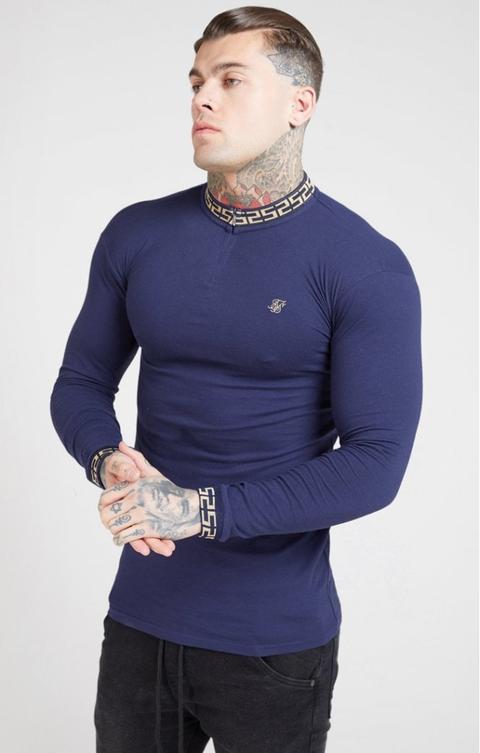 Long Sleeve Chain Rib Collar Cuff Polo - Navy