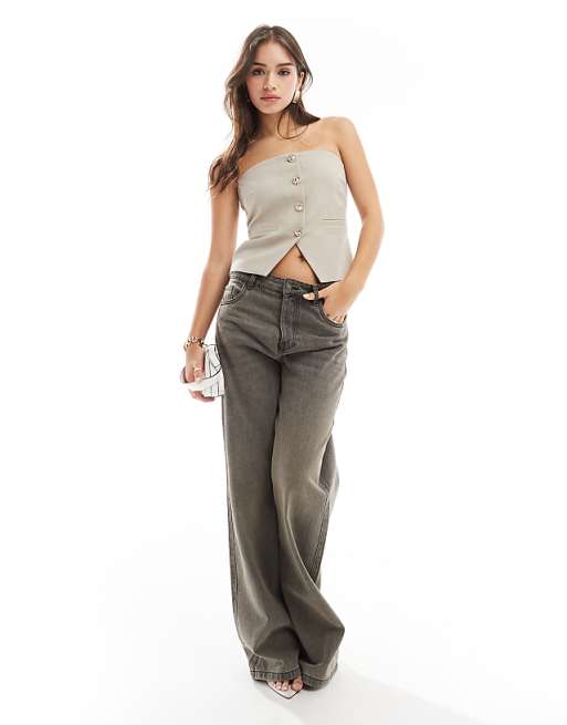 Bandeau Gold Button Detail Top in Beige