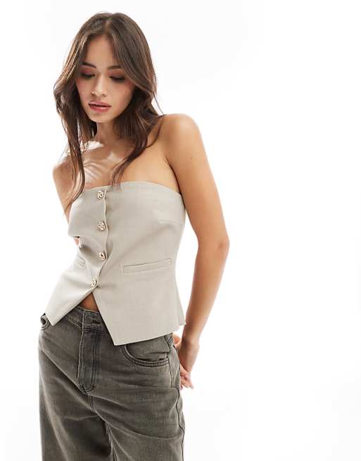 Bandeau Gold Button Detail Top in Beige