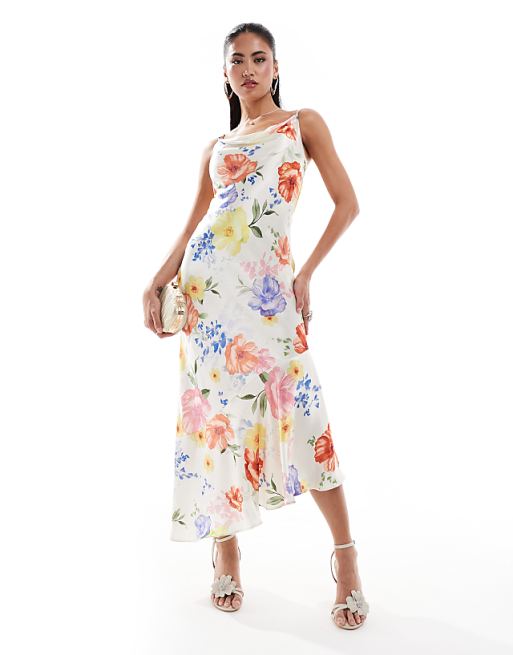 Cami Sleeve Floral Satin Bias Midi Dress