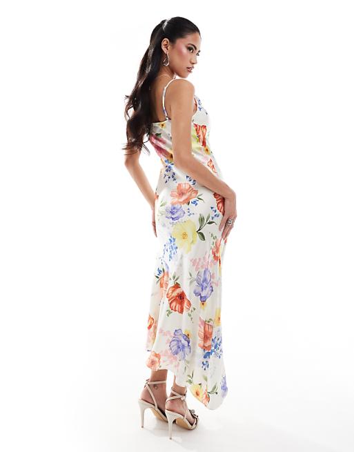 Cami Sleeve Floral Satin Bias Midi Dress