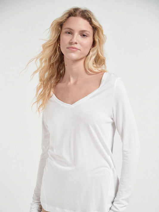 White Slouch V-Neck Long Sleeve T-Shirt