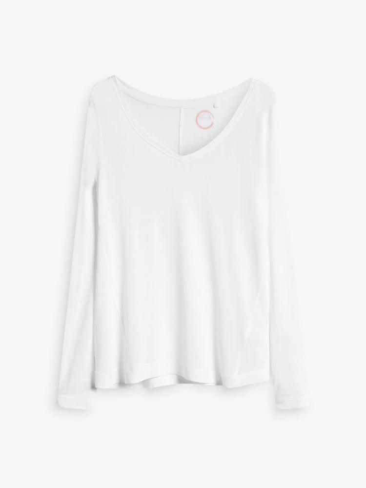 White Slouch V-Neck Long Sleeve T-Shirt