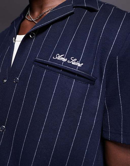 River Island Short Sleeve Regular Fit Pin Stripe Shirt - Navy