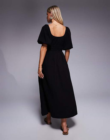 River Island Petite Short Sleeve Linen Midi Dress - Black
