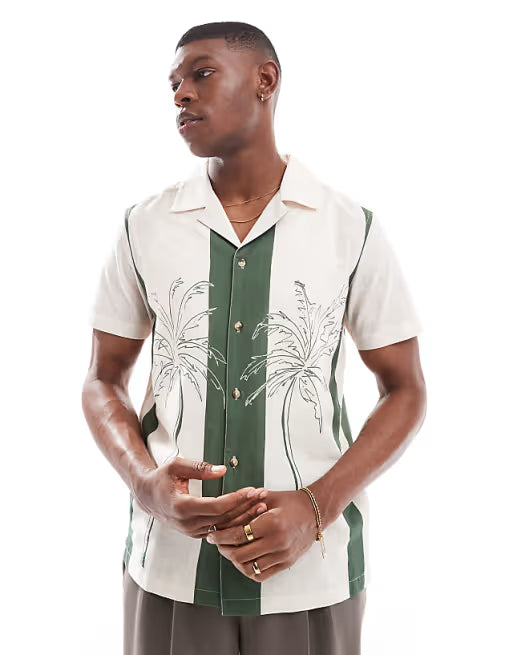 Palm Print Retro Bowling Shirt in Green