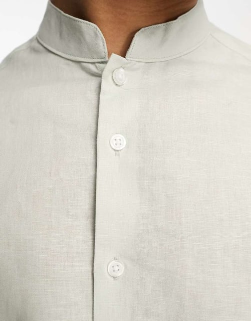 Short Sleeve Mandarin Collar Linen Shirt Mint-Green