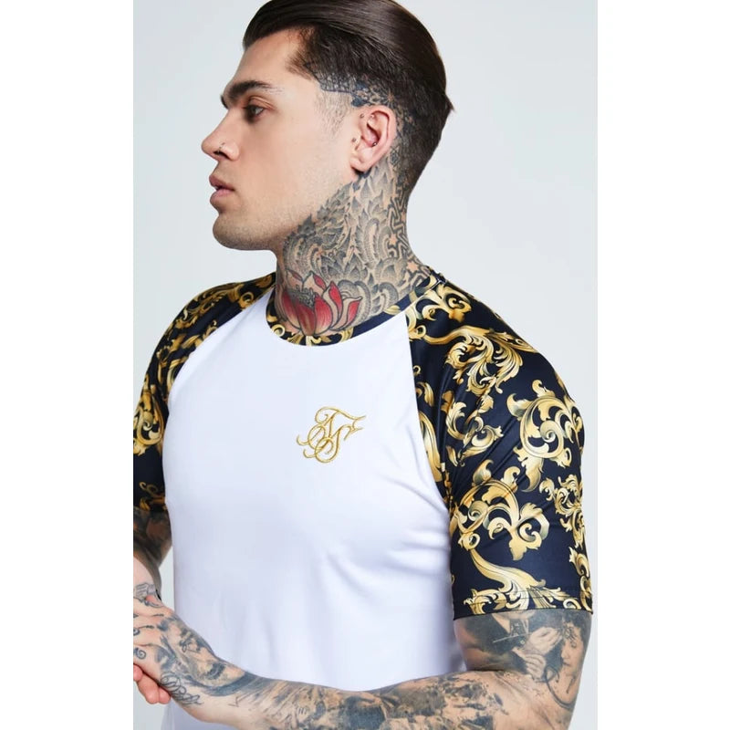 Raglan Curved Hem Tee – White & Gold Venetian