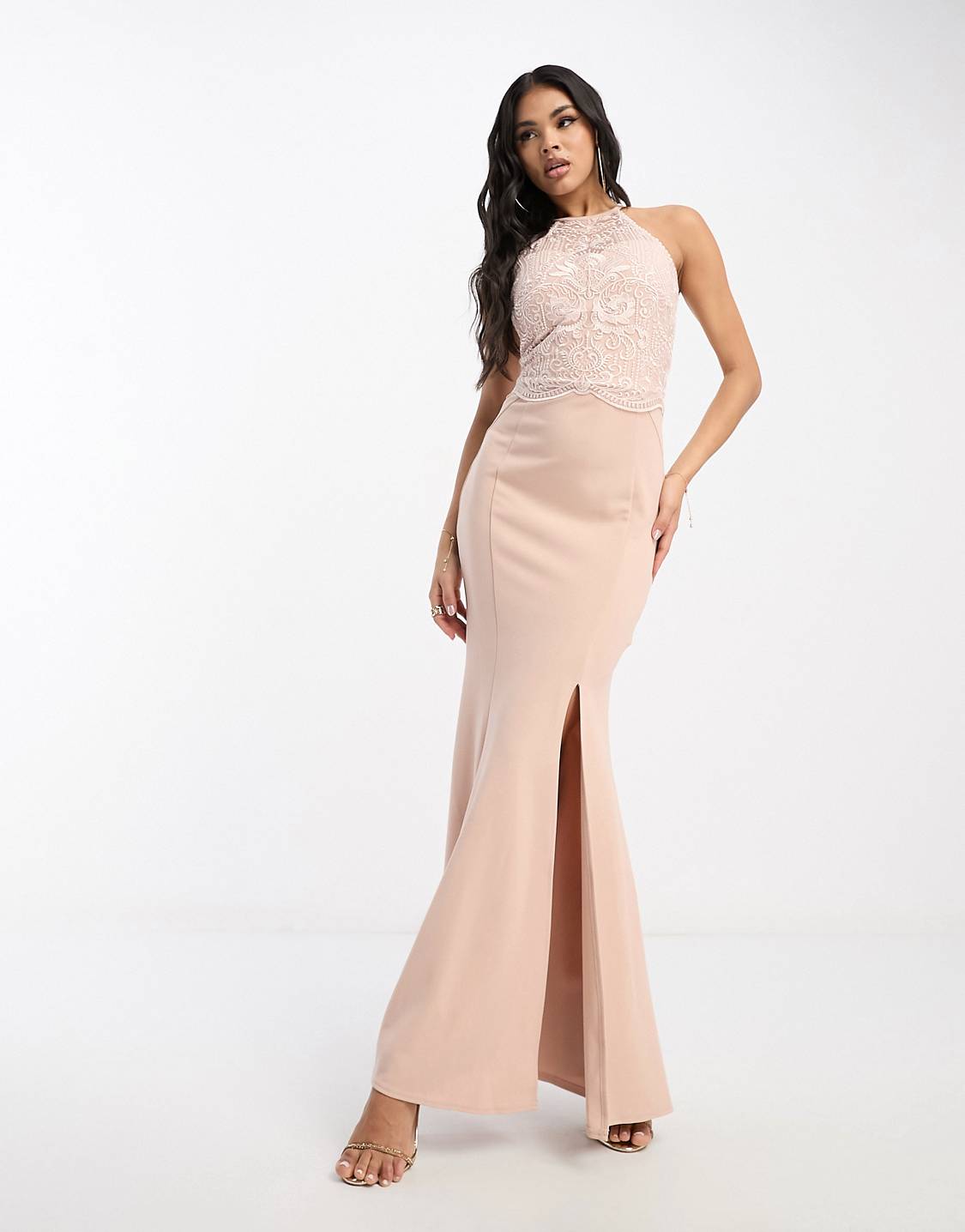 Victoria Halterneck Maxi Dress Nude