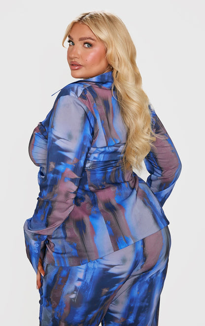 Plus Blue Abstract Print Chiffon Ruched Fitted Shirt and Trouser Set