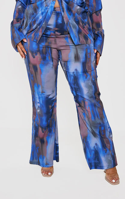 Plus Blue Abstract Print Chiffon Ruched Fitted Shirt and Trouser Set