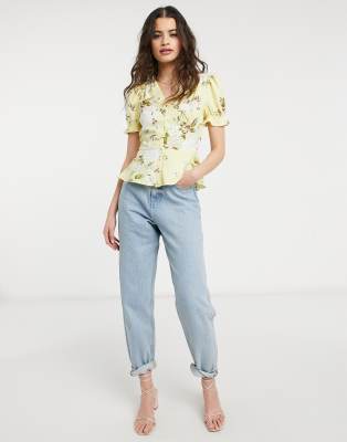 Yellow Rose Print Peplum Top