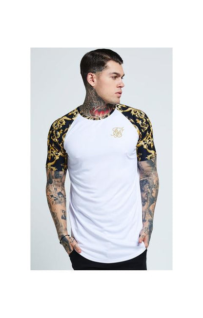 Raglan Curved Hem Tee – White & Gold Venetian