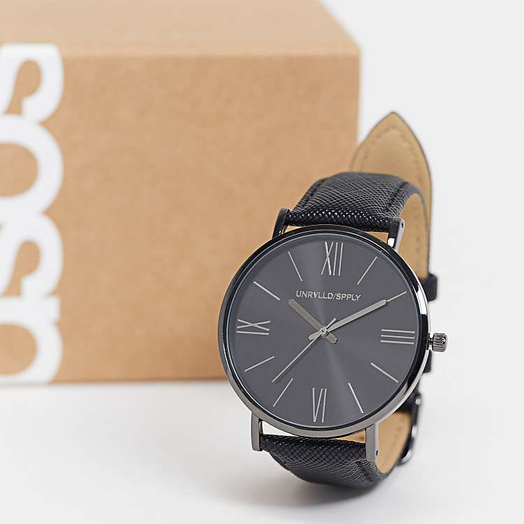 ASOS DESIGN Unisex classic watch with faux saffiano strap in black