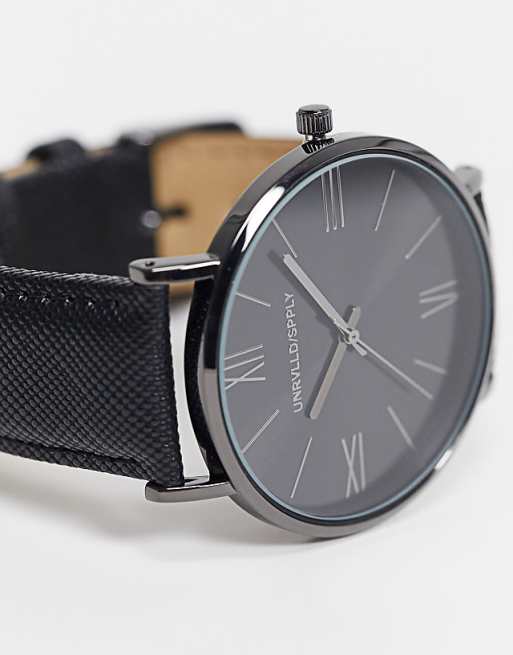 ASOS DESIGN Unisex classic watch with faux saffiano strap in black