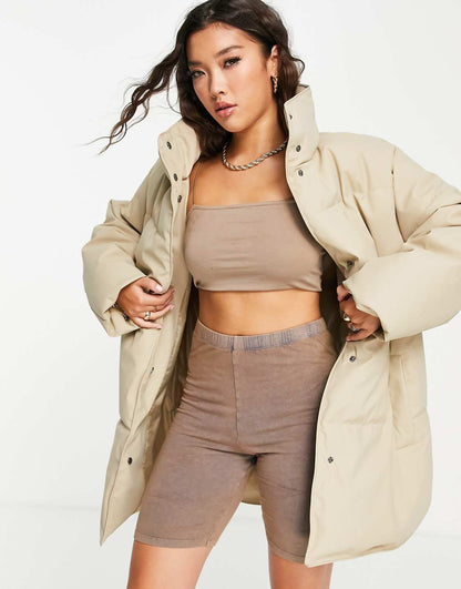 ASOS DESIGN rubberised oversized puffer jacket in camel