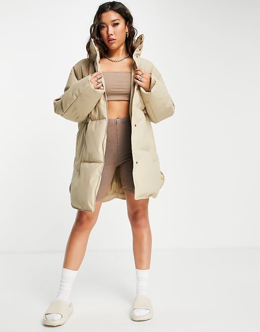 ASOS DESIGN rubberised oversized puffer jacket in camel