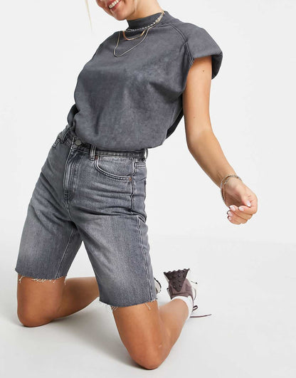 Echo super high rise straight leg denim shorts in washed grey