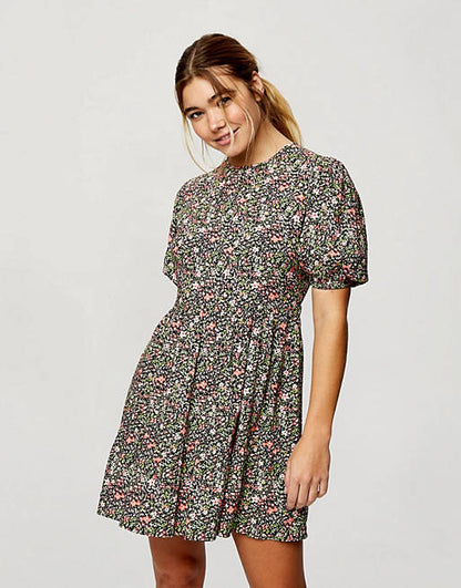 Cluster Tea Print Dress Black