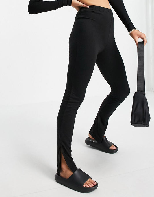 Ribbed Split Hem Flared Leggings Black