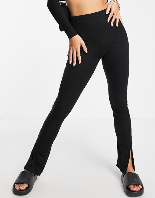 Ribbed Split Hem Flared Leggings Black