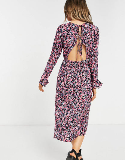 Rose Print Tie Neck Midi Dress