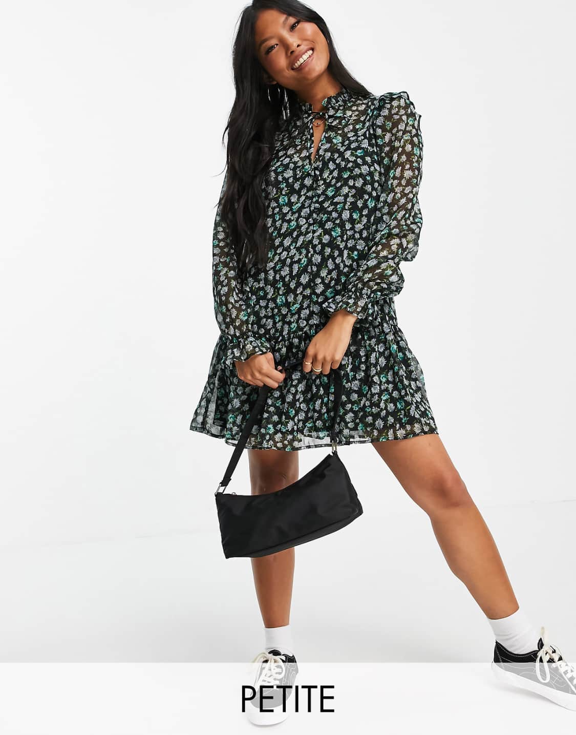 Petite tie neck chiffon mini dress in black