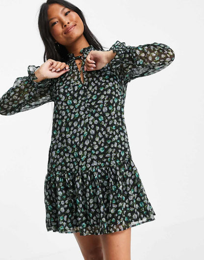 Petite tie neck chiffon mini dress in black