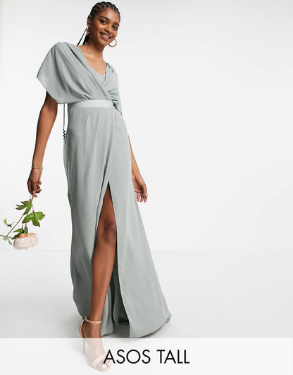 Tall Bridesmaid Short Sleeved Cowl Front Maxi Dress with Button Back detail in olive